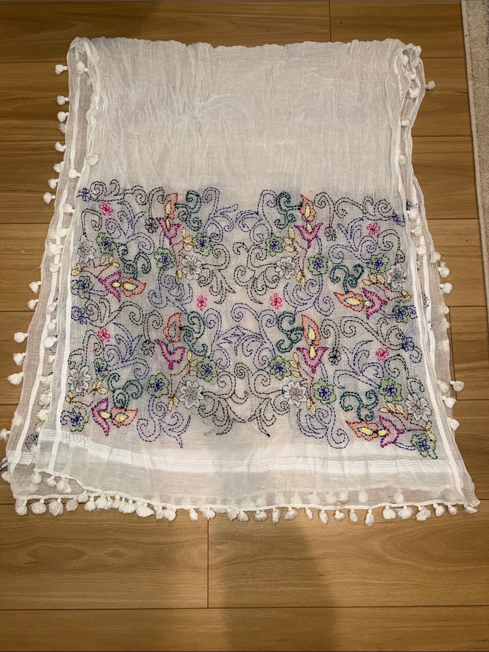 White Embroidered Pom-Pom scarf with Multicolor Floral Motif 76”x36”